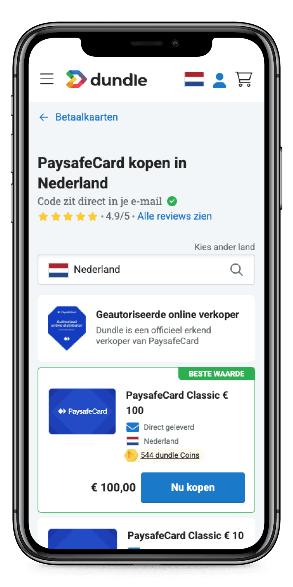 A smartphone screen displaying a website for purchasing PaysafeCard in the Netherlands, with options and pricing details.