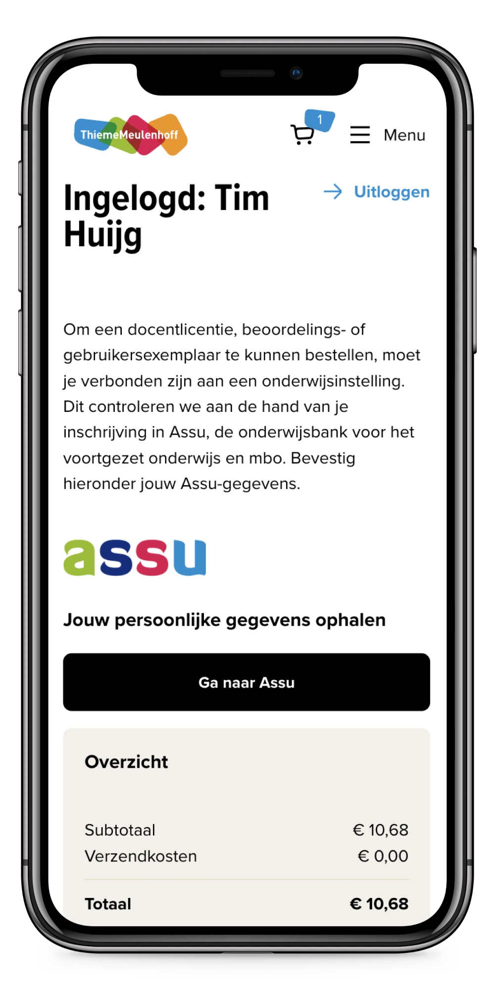 Smartphone displaying a webpage with a login prompt for educational resources, showing a subtotal of €10.68 and free shipping.