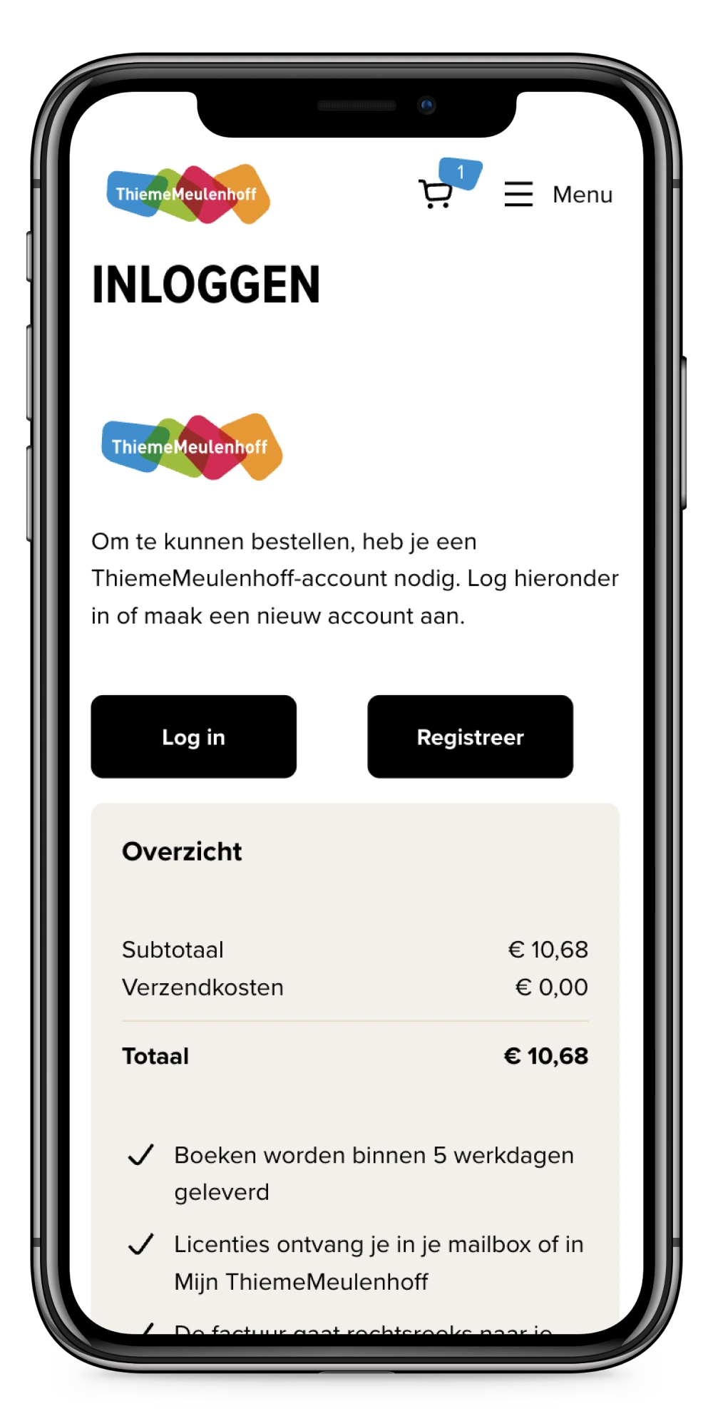 Smartphone screen showing a login page for ThiemeMeulenhoff with options to log in or register. Cart total is €10,68.
