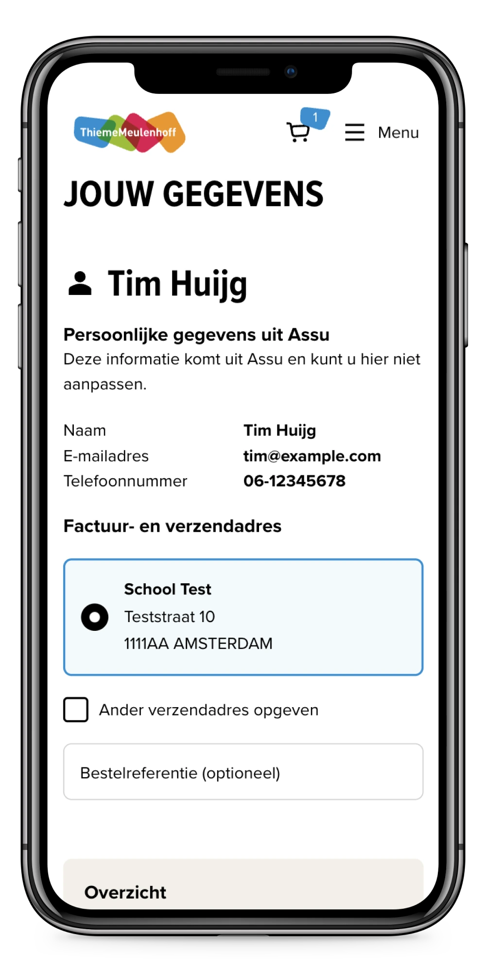 Smartphone screen displaying a personal information form with name, email, phone, and address fields, featuring a "School Test" address in Amsterdam.