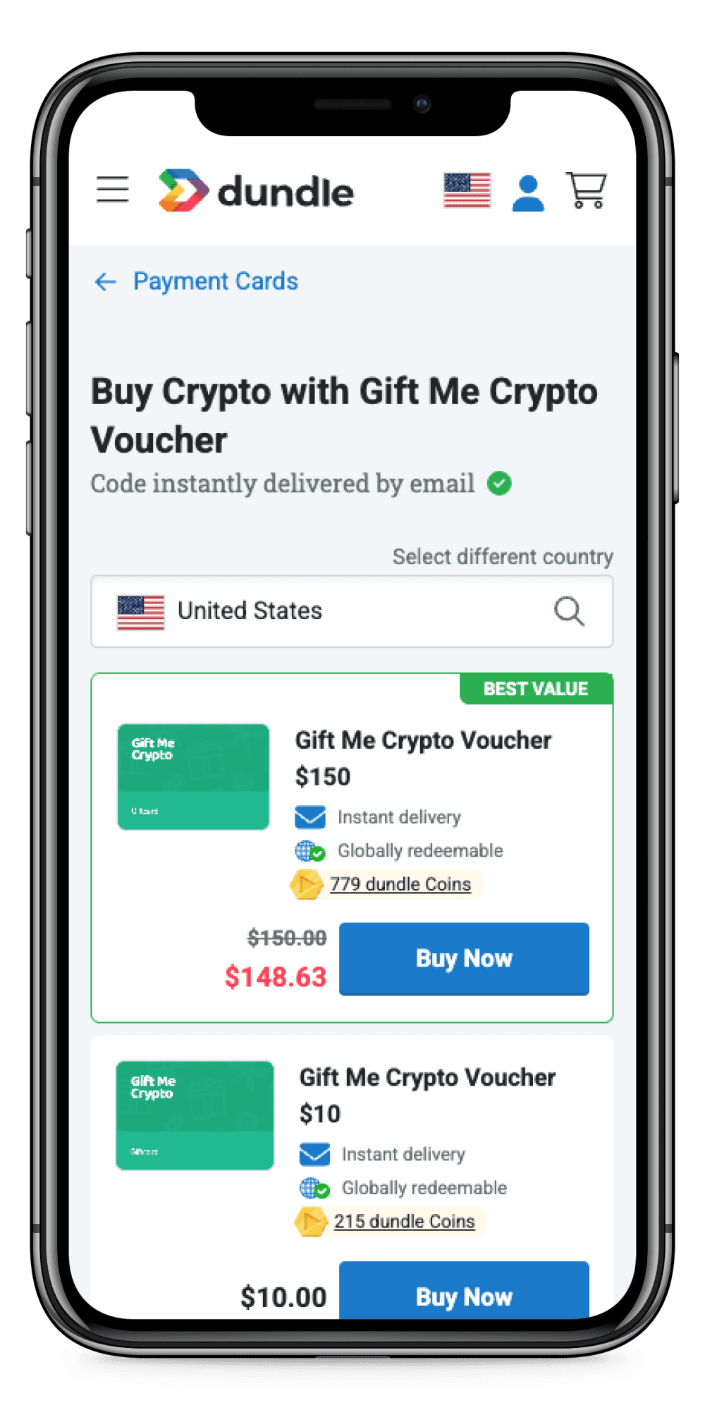 Smartphone screen showing a webpage for buying crypto vouchers, offering $150 and $10 options with discounts and redeemable coins.