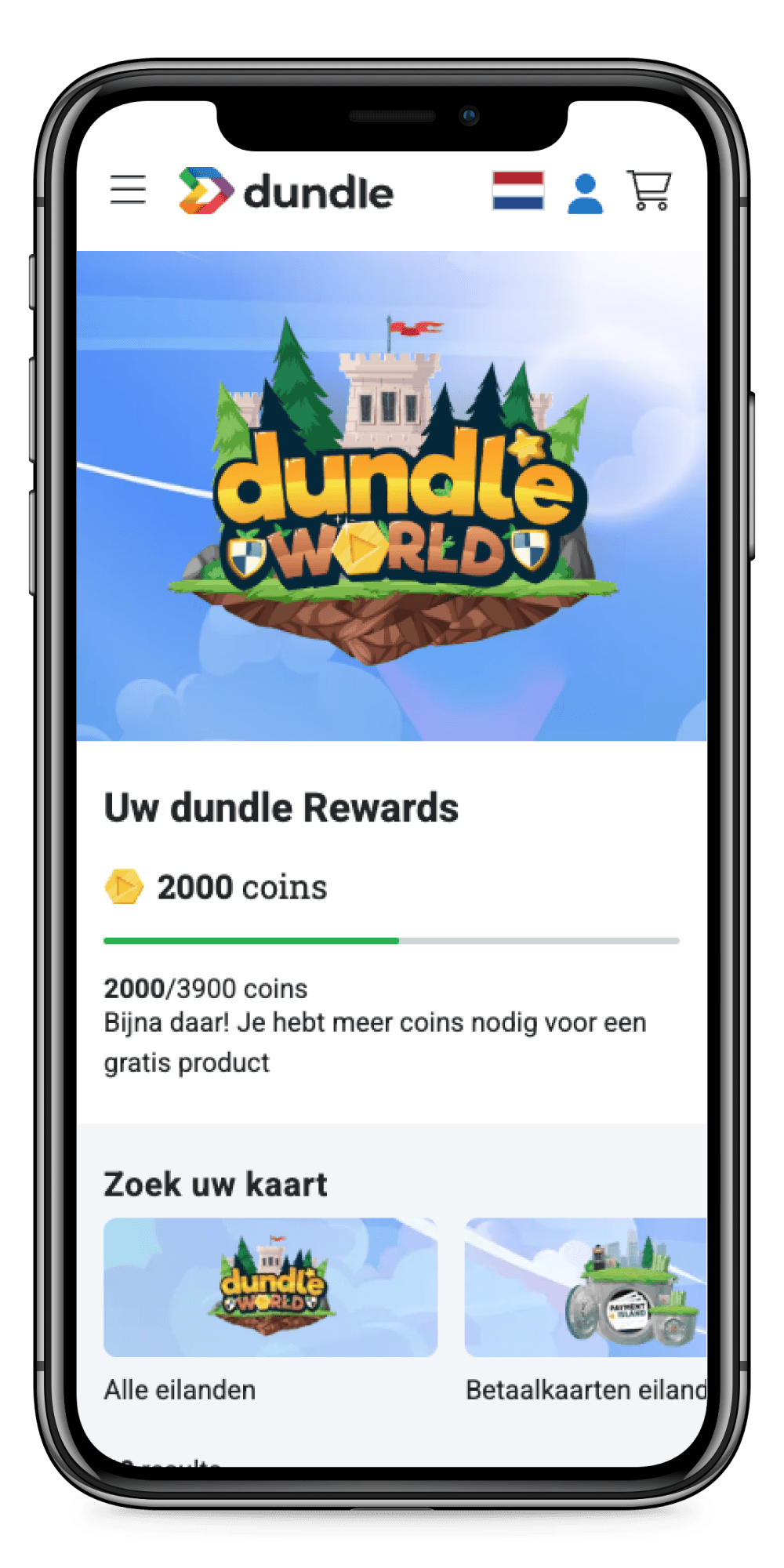 Mobile screen showing Dundle World app interface with rewards, coins balance, and search options.