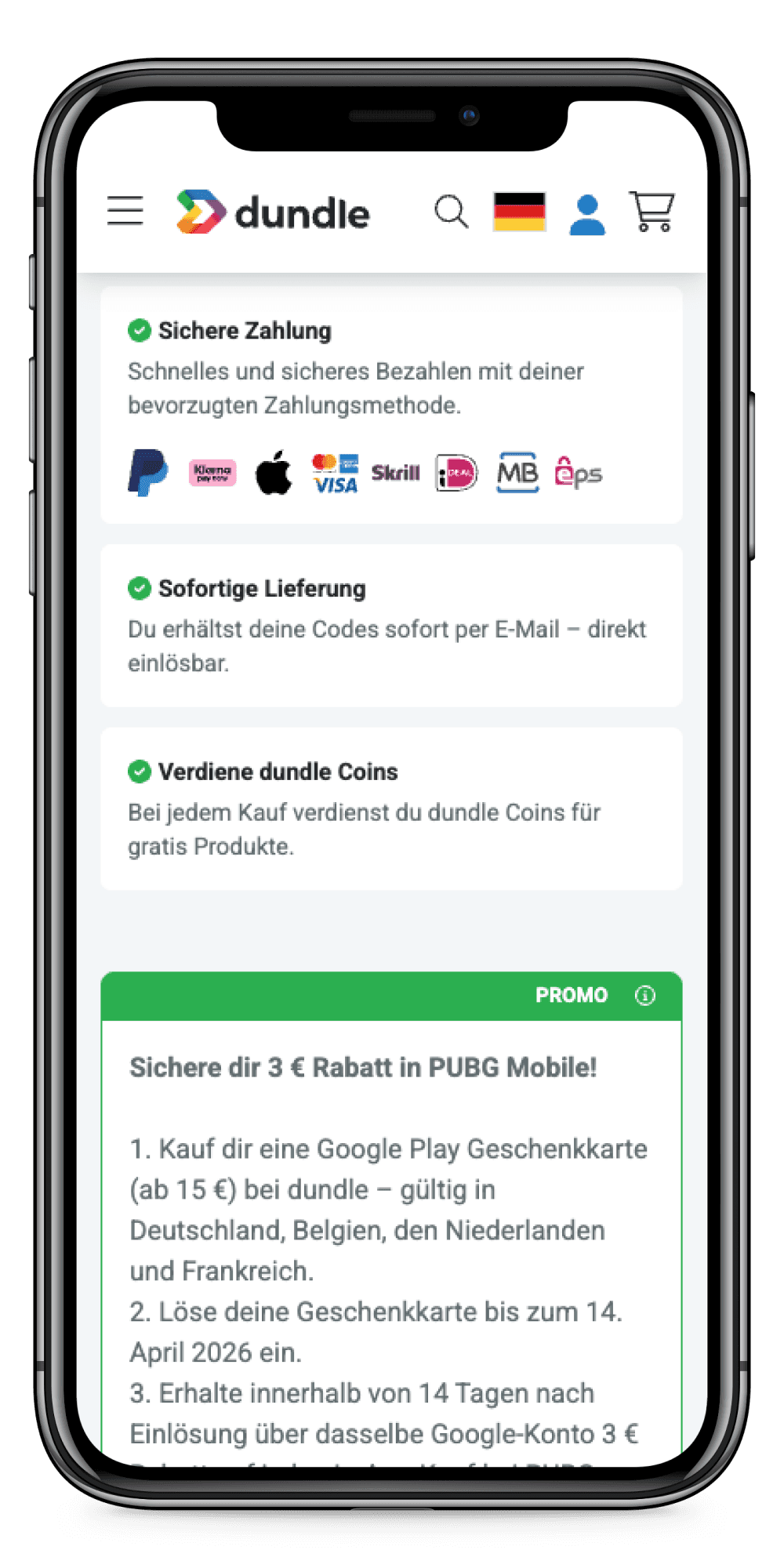 Smartphone displaying Dundle webpage highlighting secure payment methods, instant delivery, and earning Dundle Coins. Offers include a PUBG Mobile discount.