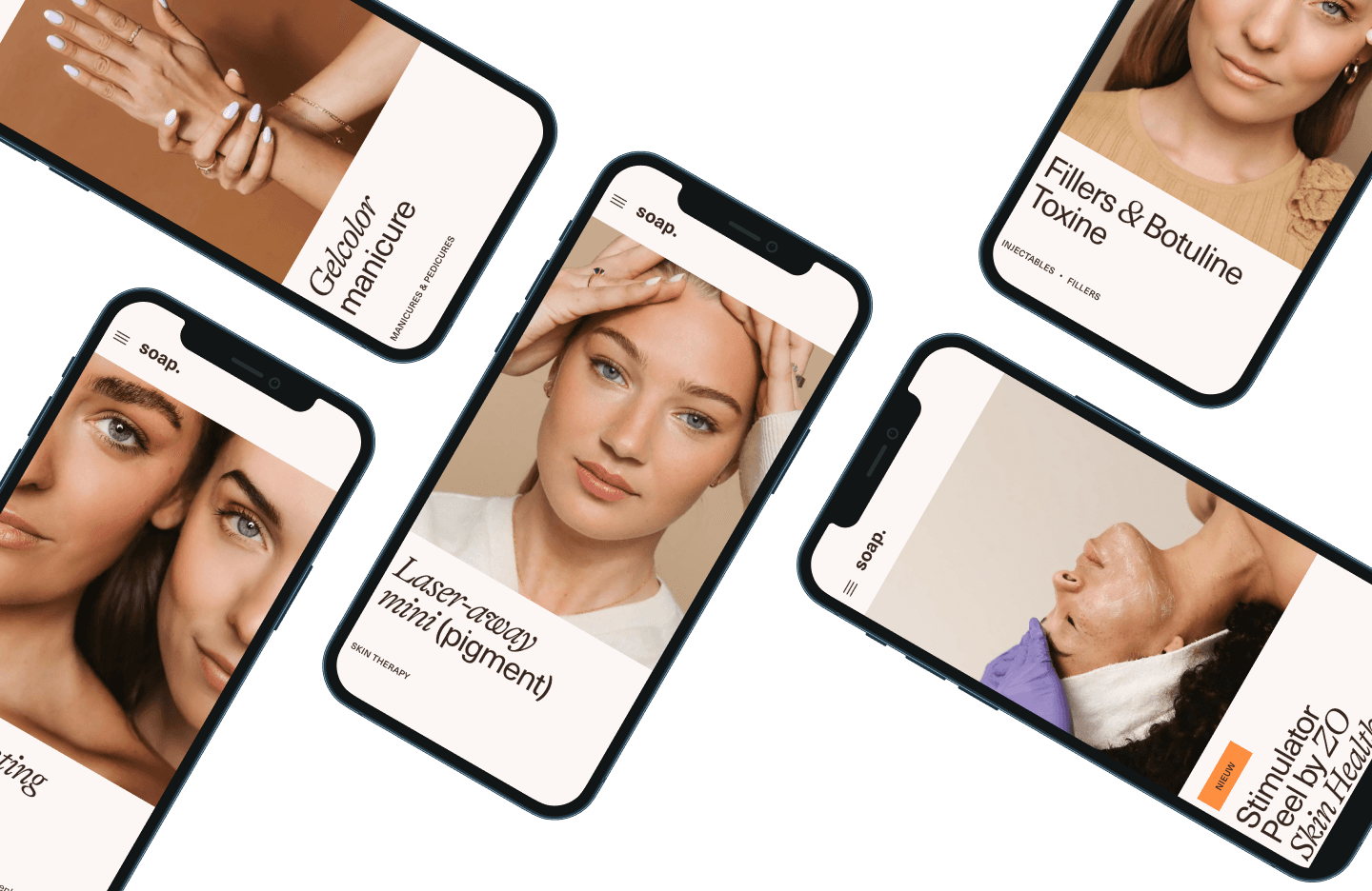 Five smartphones displaying beauty service advertisements, including manicures, laser treatment, fillers, and skin peels, on a black background.