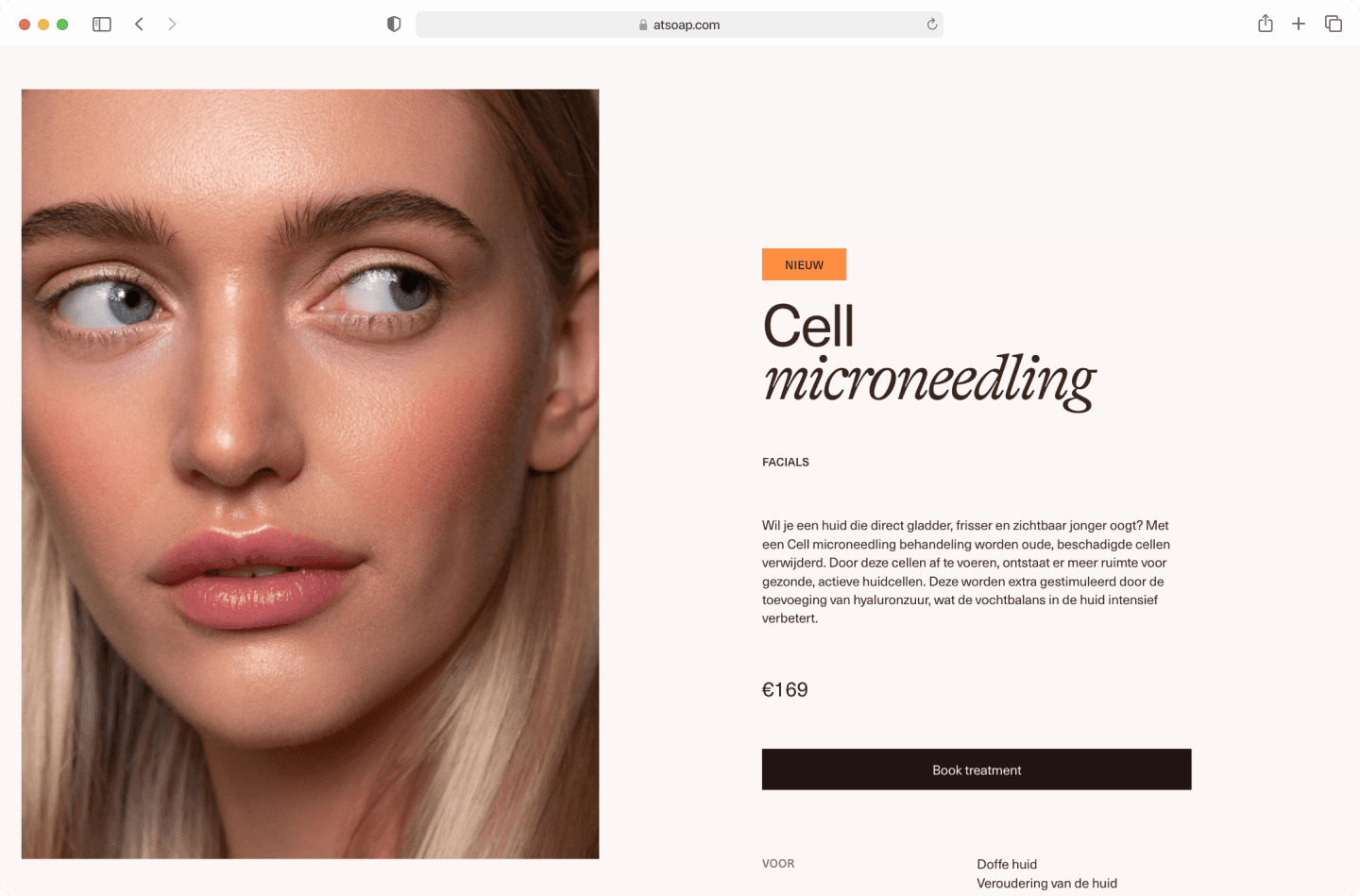 Close-up of a woman's face with smooth skin. Text promotes "Cell microneedling" treatment, priced at €169, with a booking option.