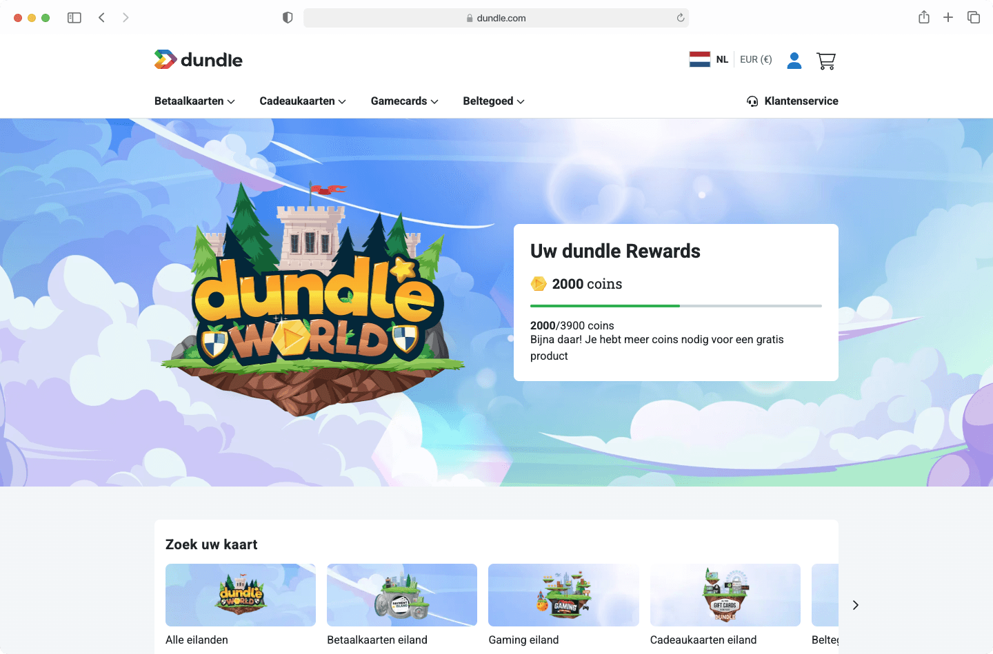 Dundle website with a fantasy theme banner featuring a castle, 2000 coins in dundle Rewards, and options to search for gift cards.