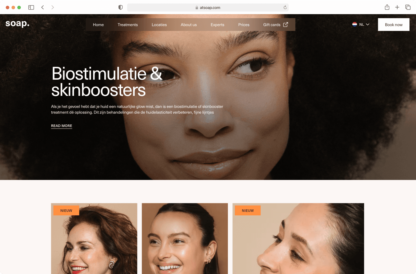 Close-up of a woman's face with text about biostimulation and skinboosters on a skincare website homepage.