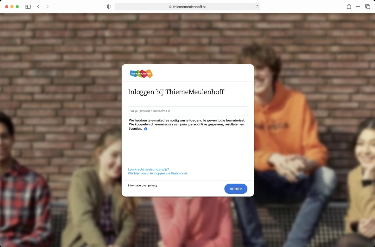 Login page for ThiemeMeulenhoff on a website, featuring a blurred background with people sitting and a form to enter an email address.