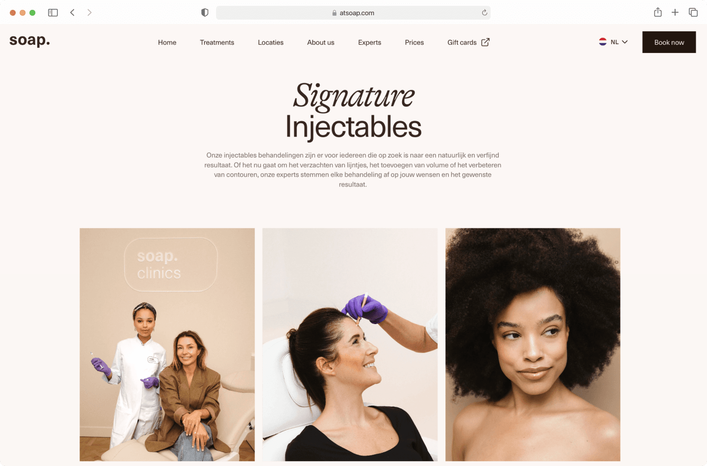 Website for a clinic offering injectable cosmetic treatments, featuring images of staff, procedures, and customers with radiant skin.