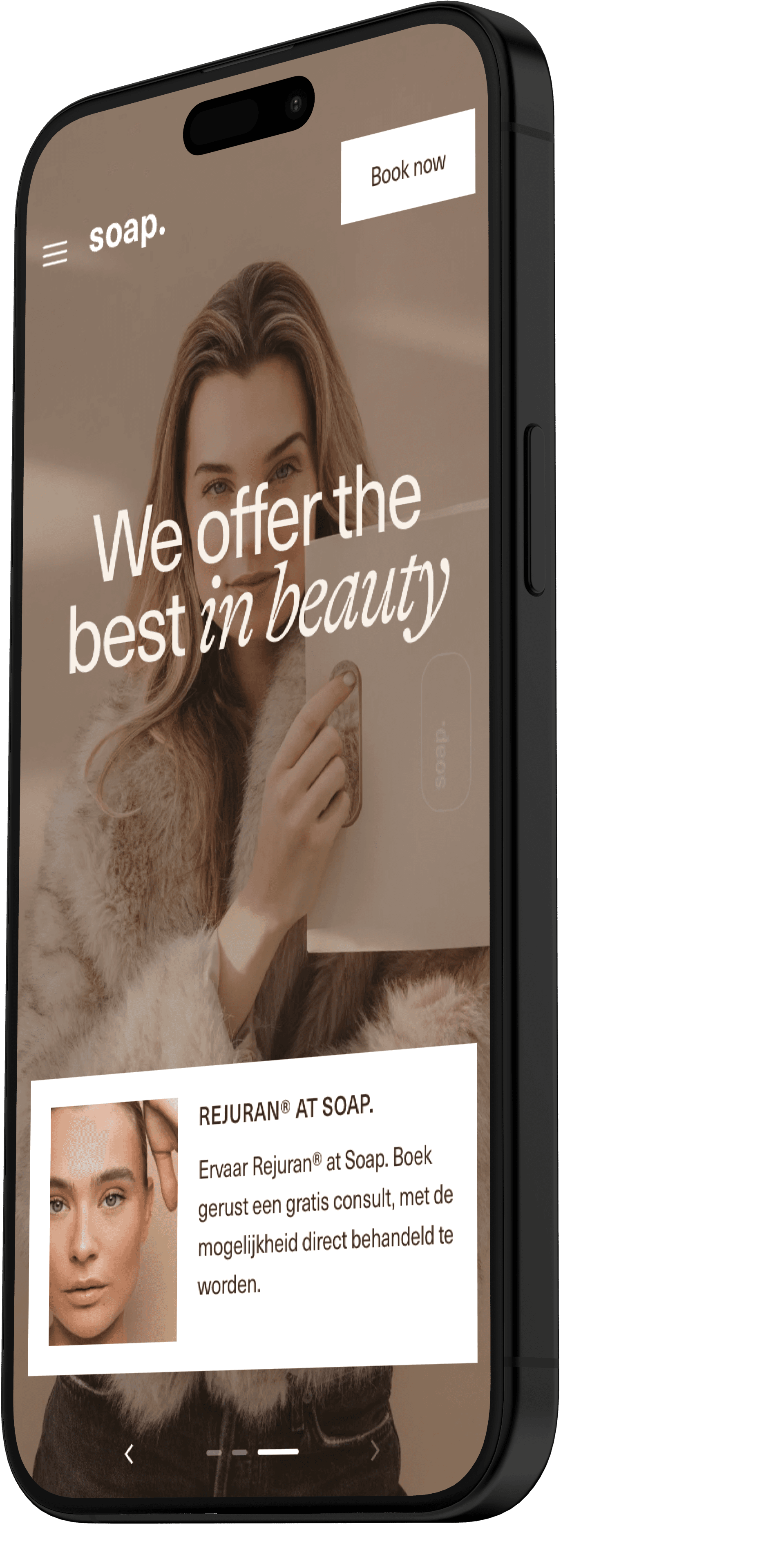 Smartphone display showing a beauty service ad with a model holding a product. Text reads "We offer the best in beauty" with booking option.