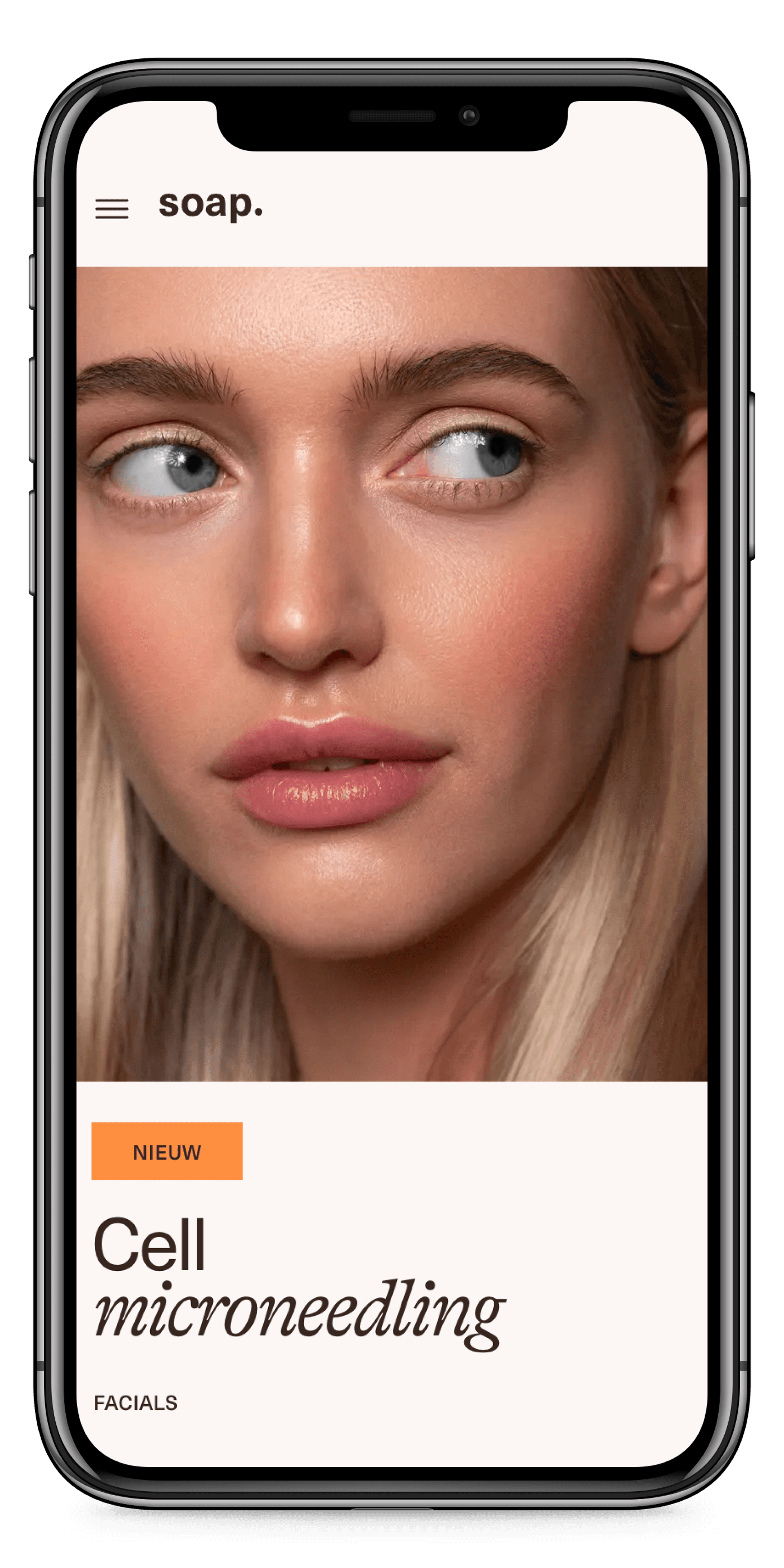 Close-up of a woman's face on a phone screen, with text about "Cell microneedling" and "SOAP" brand logo in the header.
