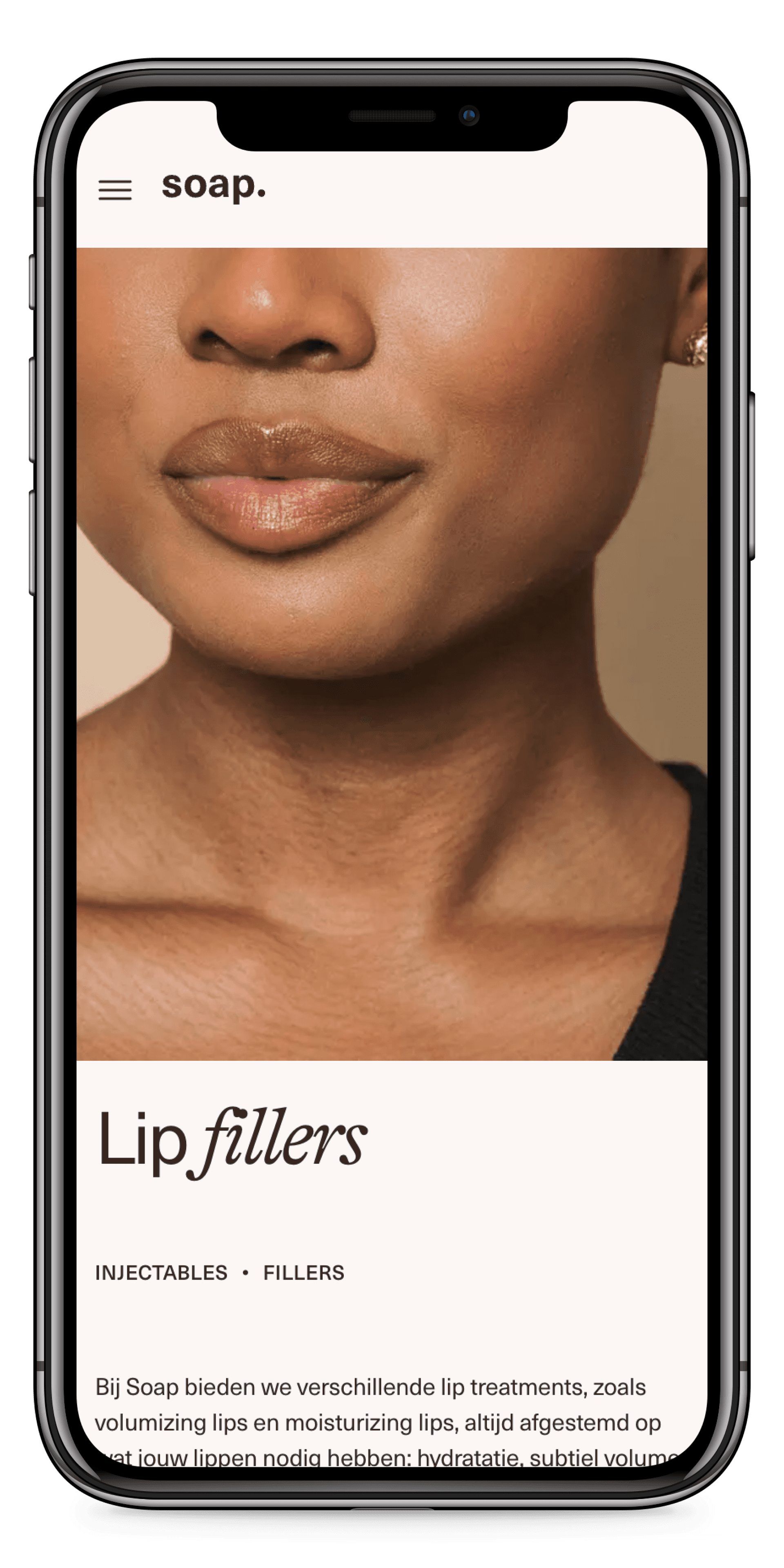 Close-up of a smiling person’s lips and neck on a phone screen displaying information about lip fillers from a beauty service called Soap.