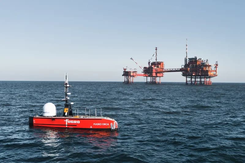 A red unmanned surface vehicle labeled "Fugro Orca" floats in the ocean near an offshore oil platform under a clear sky.