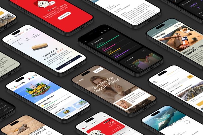 Multiple smartphones display diverse app interfaces, including health, shopping, gaming, and beauty, on a dark background.