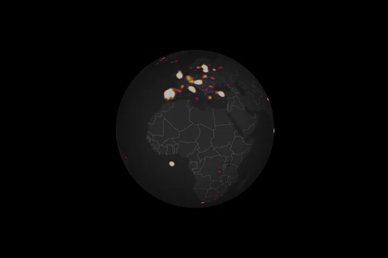 A dark globe highlighting regions in Europe and Africa with bright spots, indicating data points or activity clusters.
