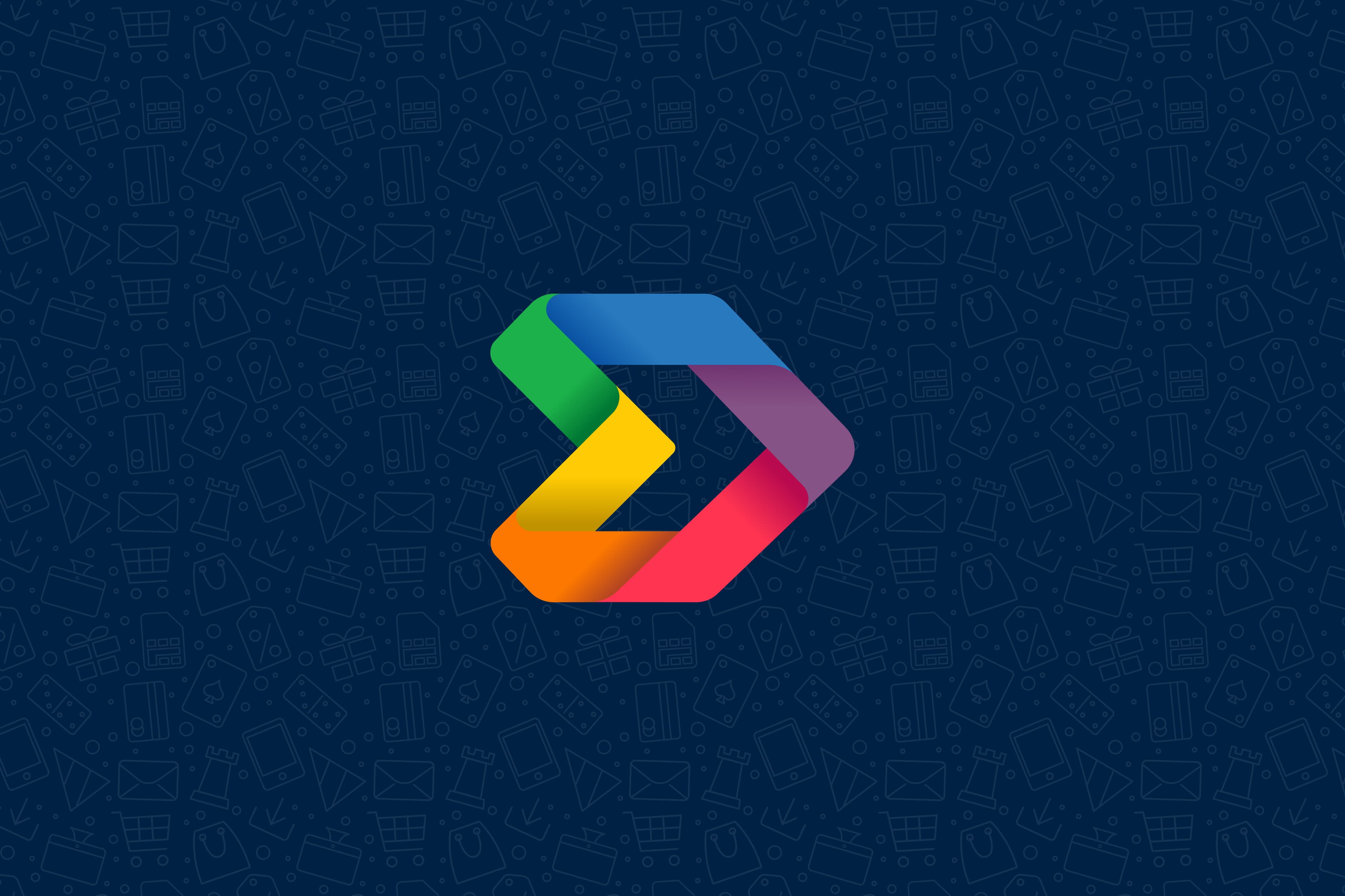 Colorful, overlapping arrows form a stylized logo on a dark background with faint technology icons, including envelopes and shopping carts.