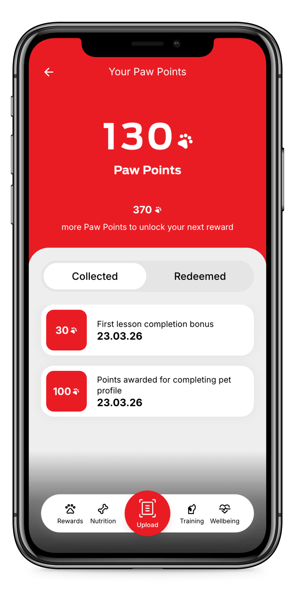 Smartphone displaying a rewards app with "130 Paw Points," two bonuses listed, and four menu icons: Rewards, Nutrition, Training, and Wellbeing.
