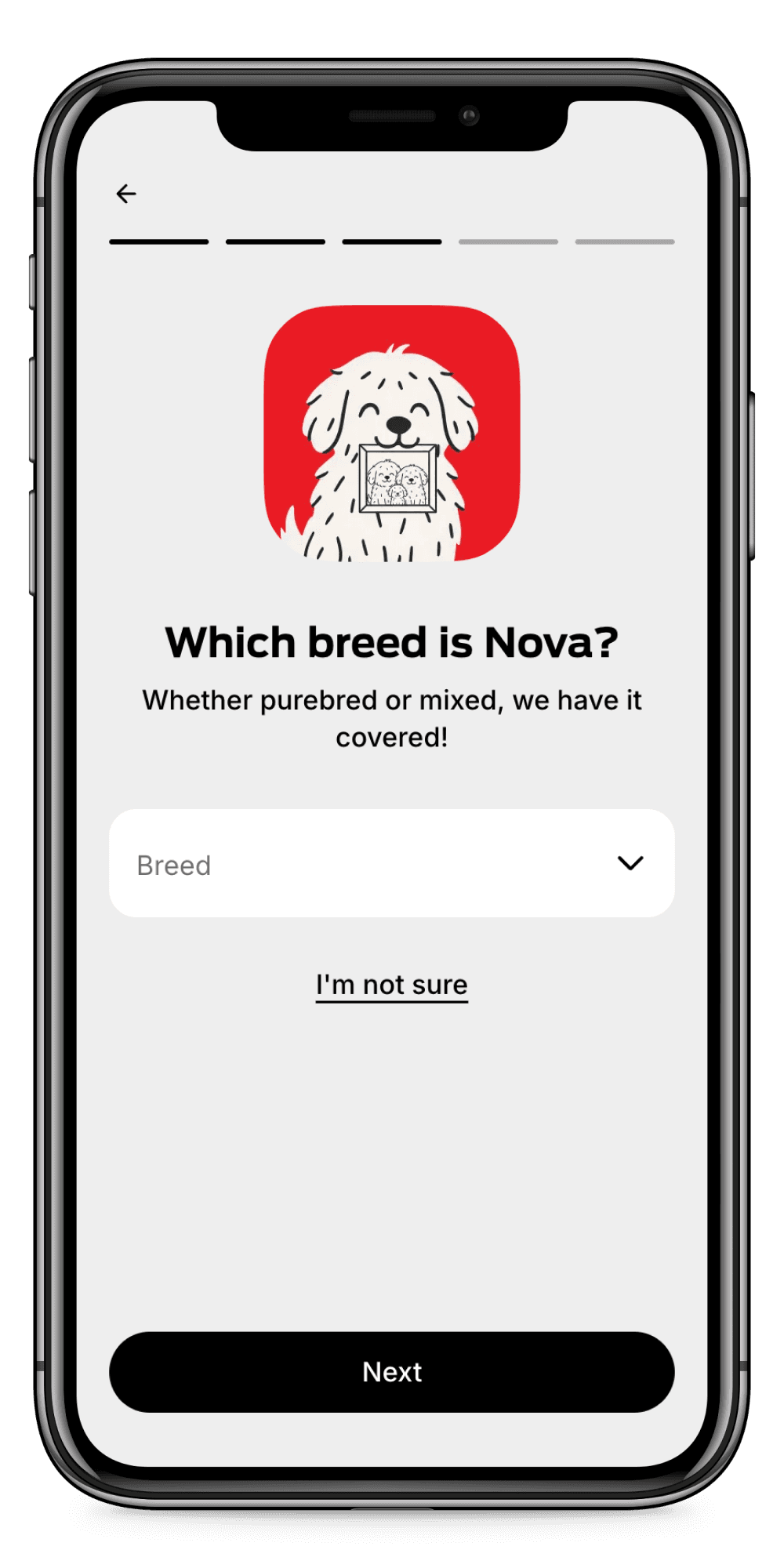 Smartphone screen showing a dog identification app interface with a doodle of a dog, a dropdown for selecting a breed, and navigation buttons.