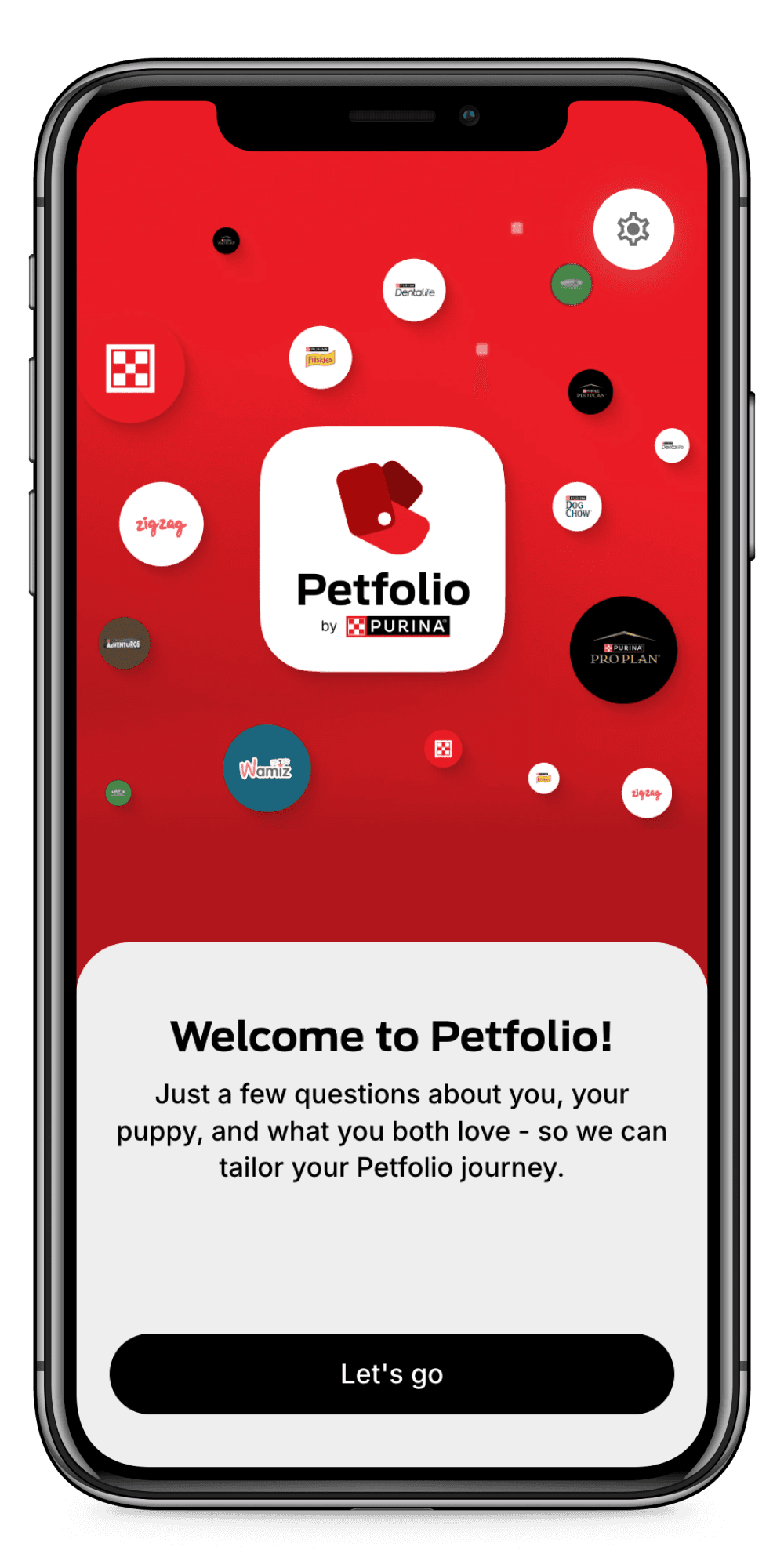 Smartphone screen displaying the Petfolio app by Purina, featuring a welcome message and multiple pet-related brand logos on a red background.