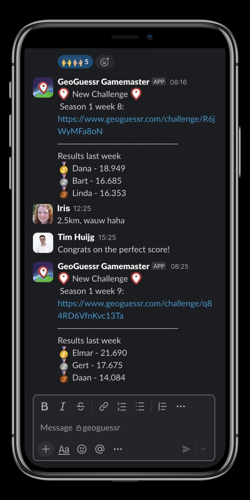 Smartphone displaying a Slack chat with GeoGuessr game updates