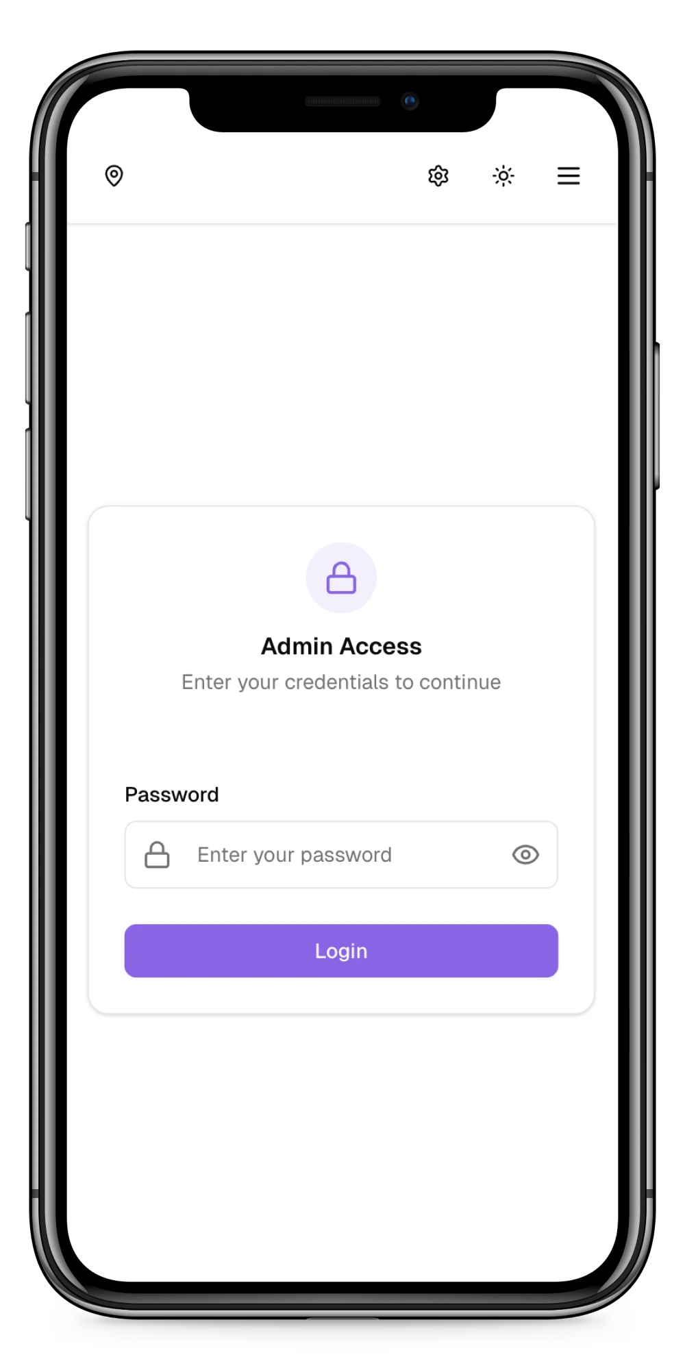 Smartphone screen showing an admin login
