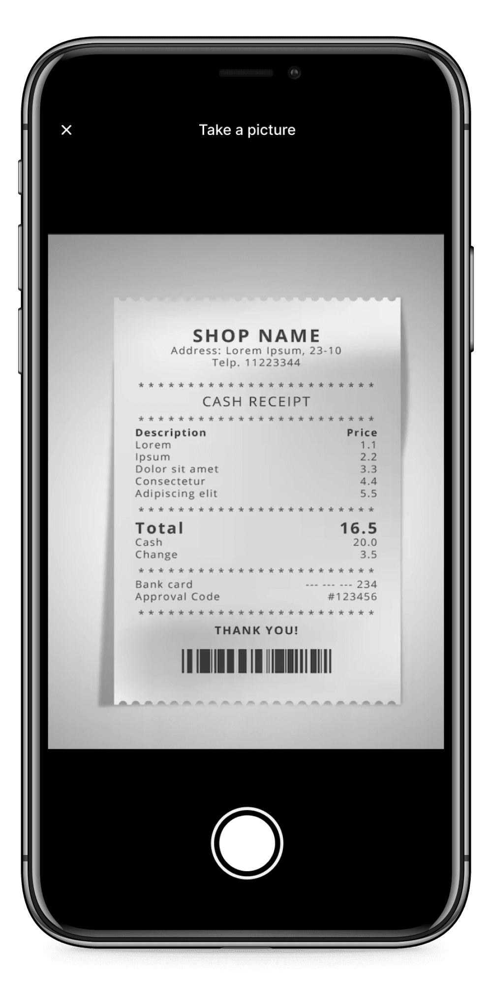 Smartphone screen displaying a camera app with a focus on a cash receipt showing itemized purchases and a total of 16.5.