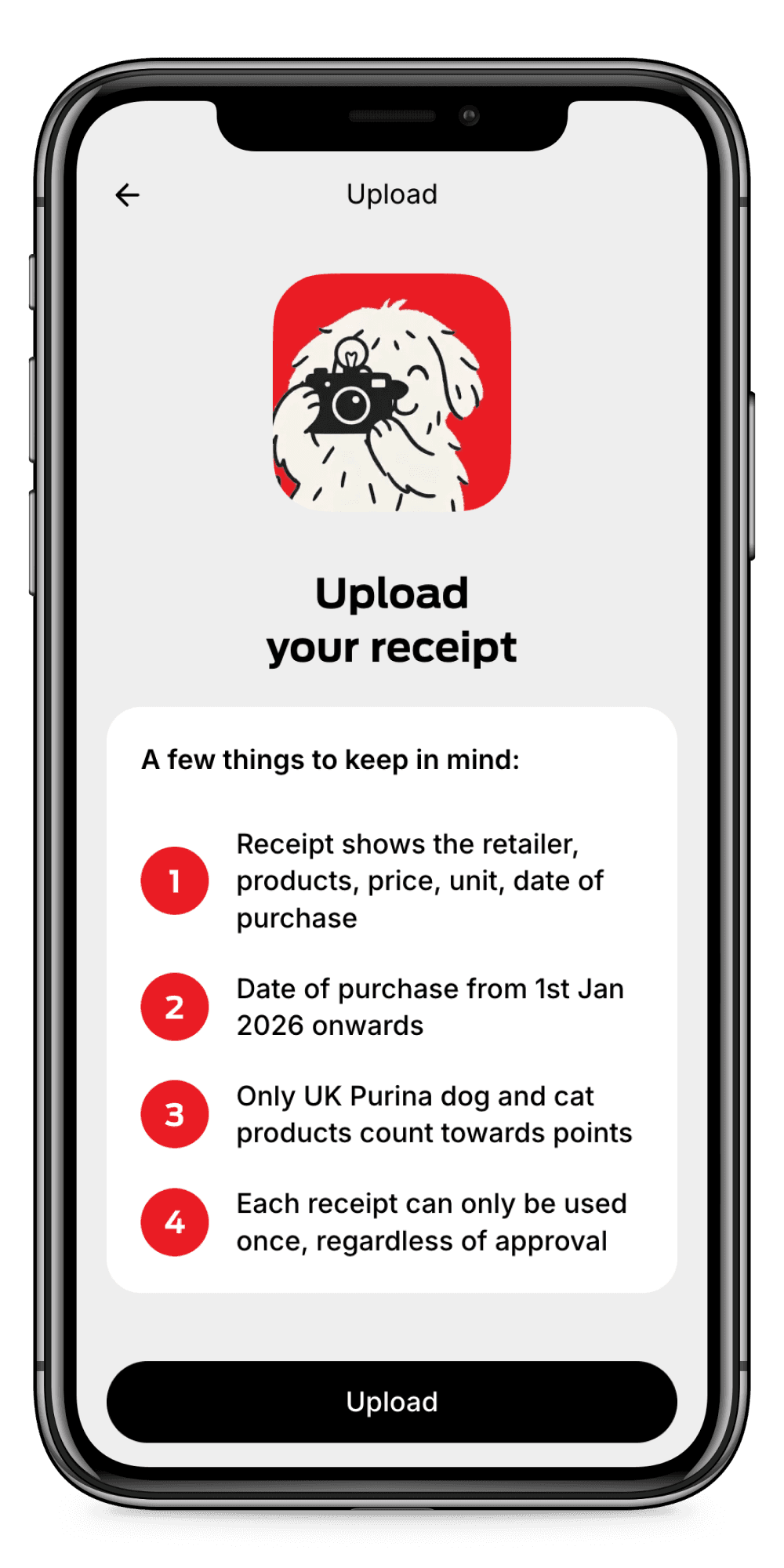 Smartphone screen showing an app interface with instructions for uploading a receipt, focusing on eligibility criteria and important details.