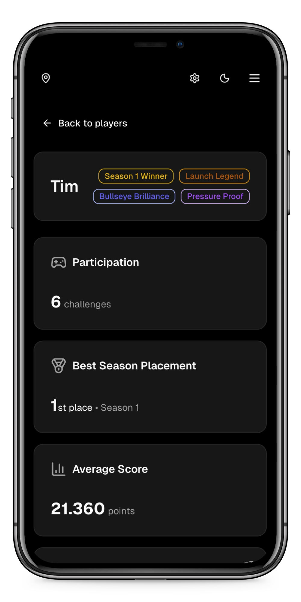 Mobile screen showing a player's profile