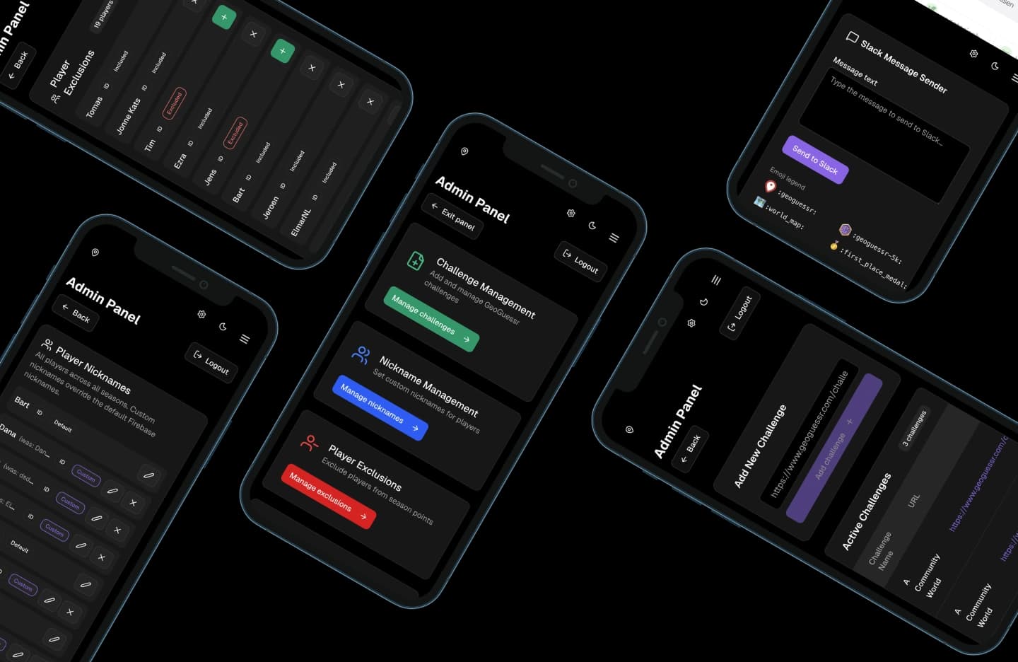 Five smartphone screens displaying a dark-themed admin panel interface