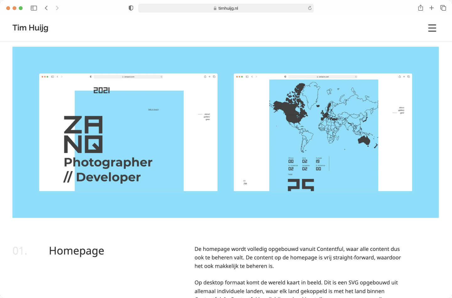 Blue webpage design mockup showing "ZANQ" with "Photographer // Developer" text and a world map with regions shaded.
