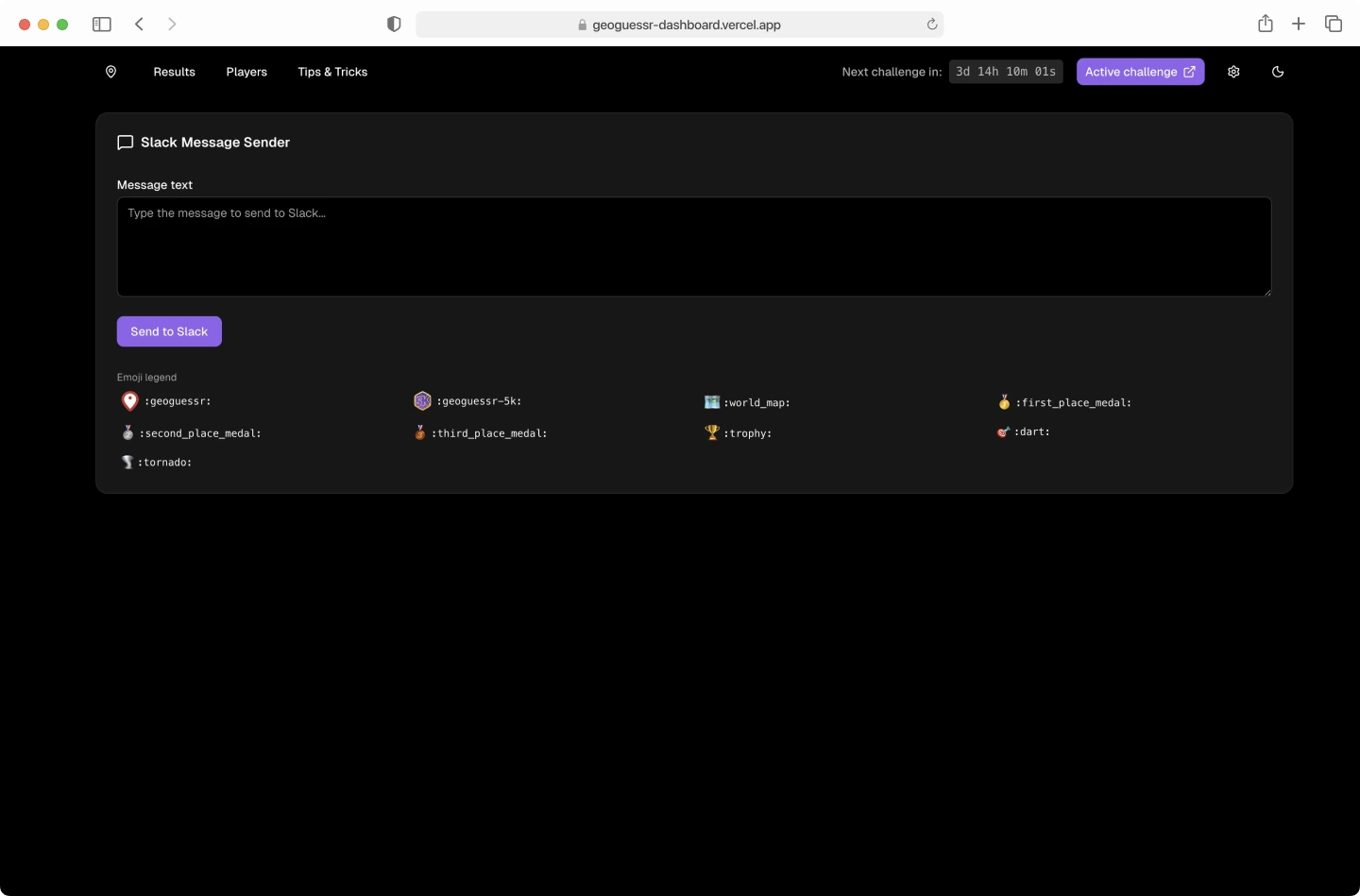 Screenshot of a web app interface for sending Slack messages