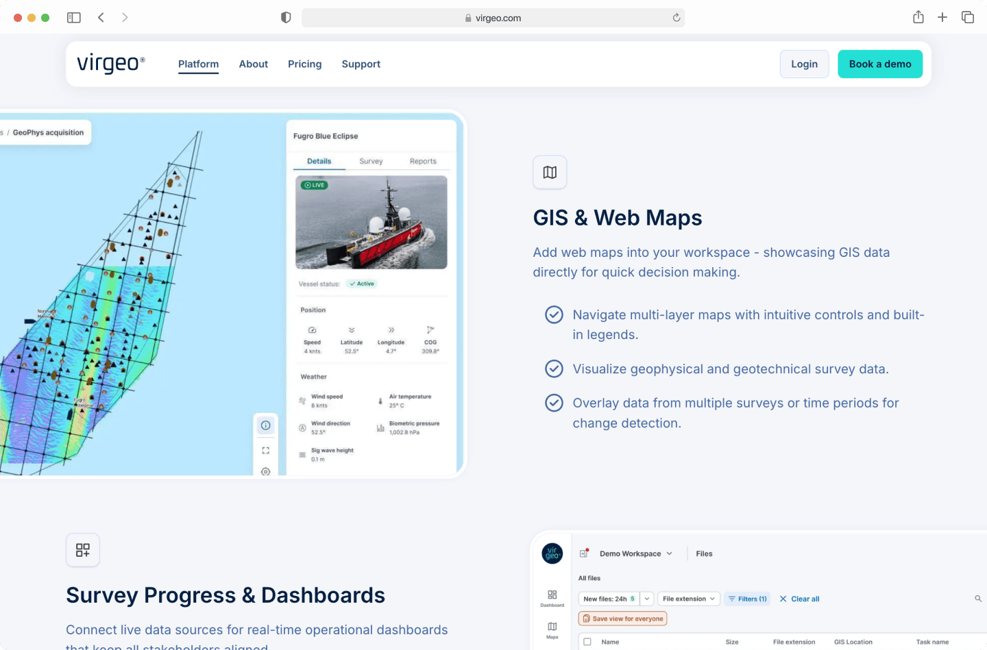A webpage showcasing GIS and web maps for decision-making with ship tracking and survey data visualization features.
