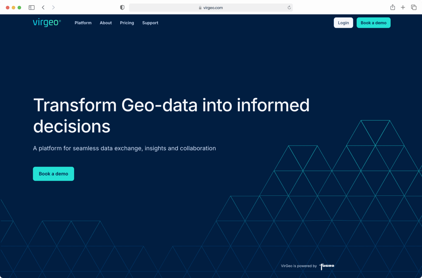 Dark blue website with text "Transform Geo-data into informed decisions" and options to log in or book a demo. Geometric pattern background.
