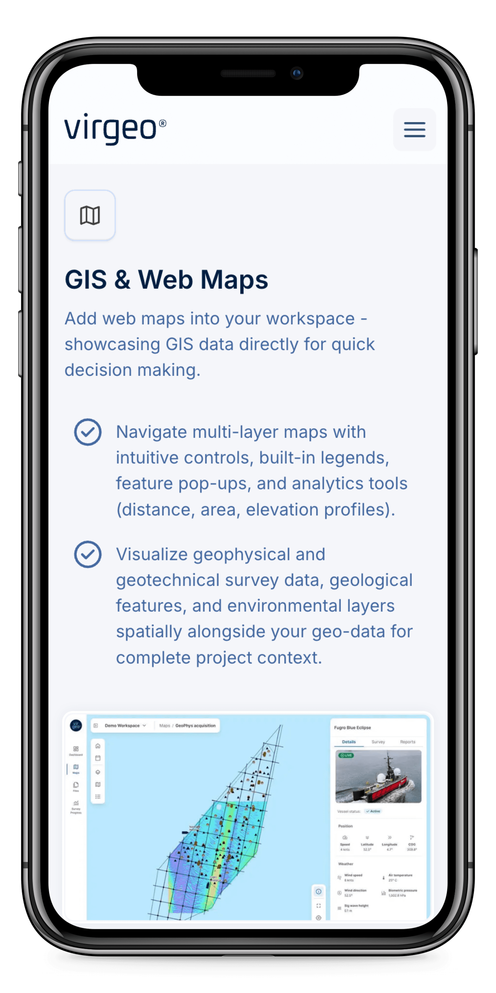 Smartphone screen showing the Virgeo app with GIS & Web Maps features, including multi-layer map navigation and data visualization.
