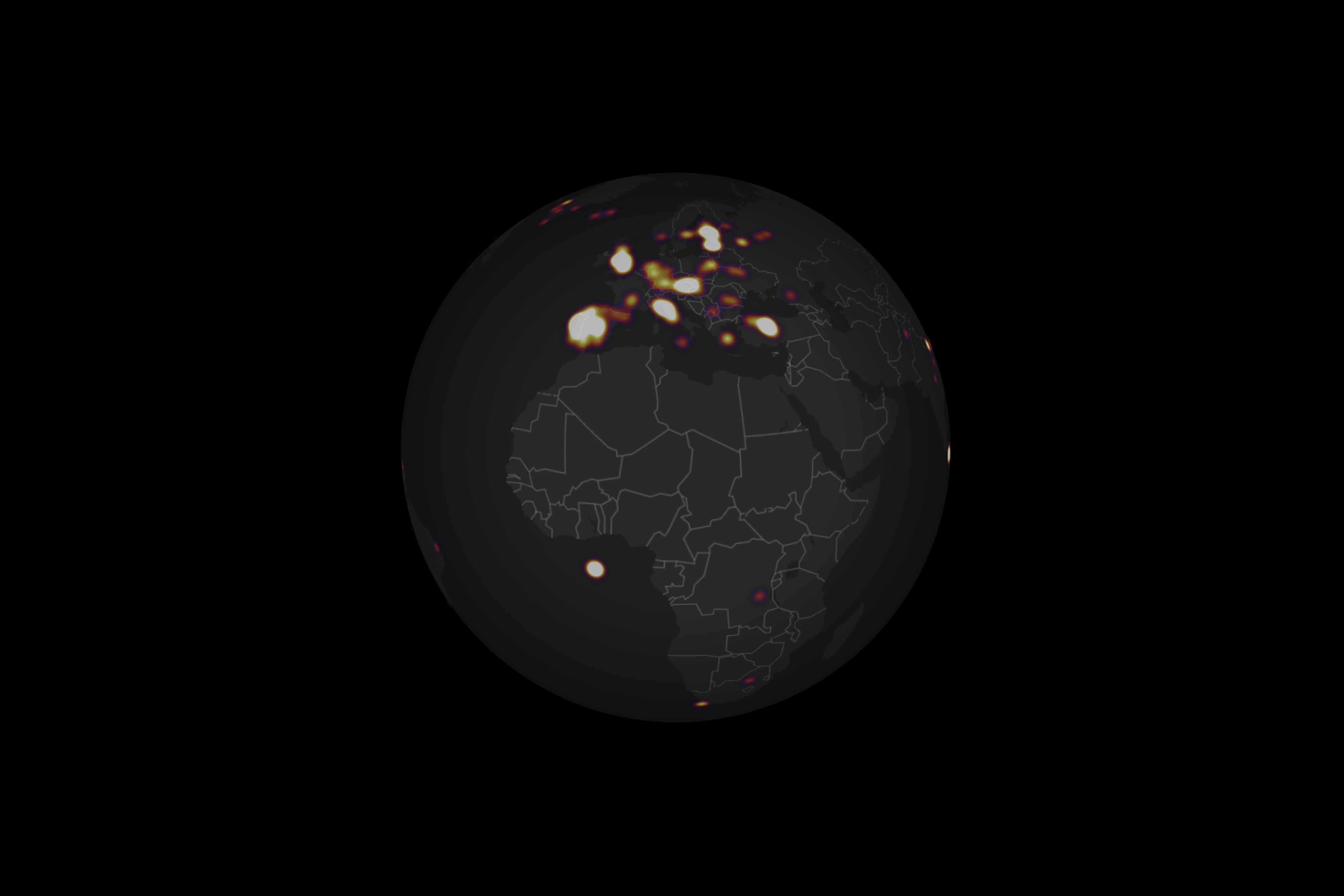 A dark globe highlighting regions in Europe and Africa with bright spots, indicating data points or activity clusters.